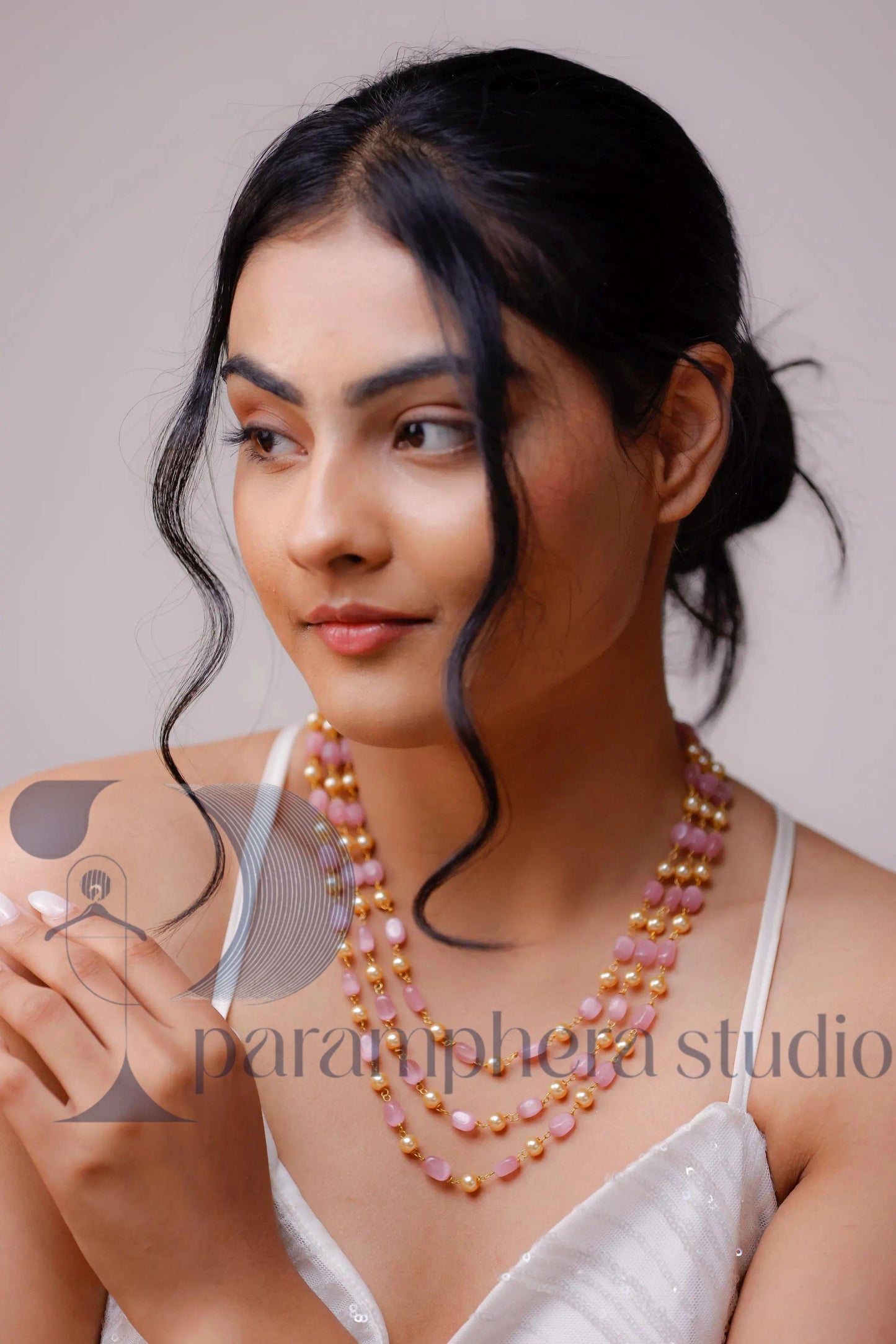 Pink & Gold Pearl Necklace | Triple Strand Beaded Bridal Jewelry