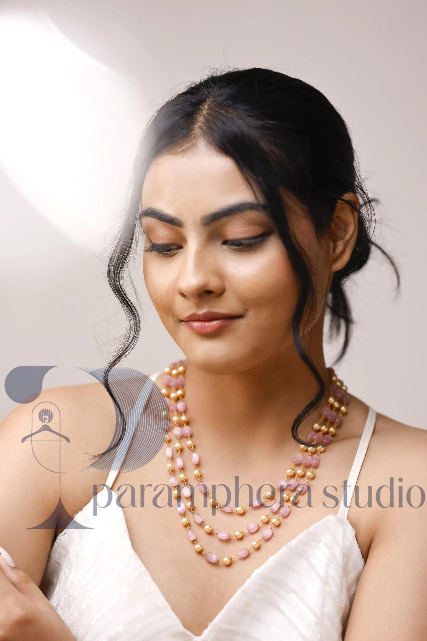 Pink & Gold Pearl Necklace | Triple Strand Beaded Bridal Jewelry