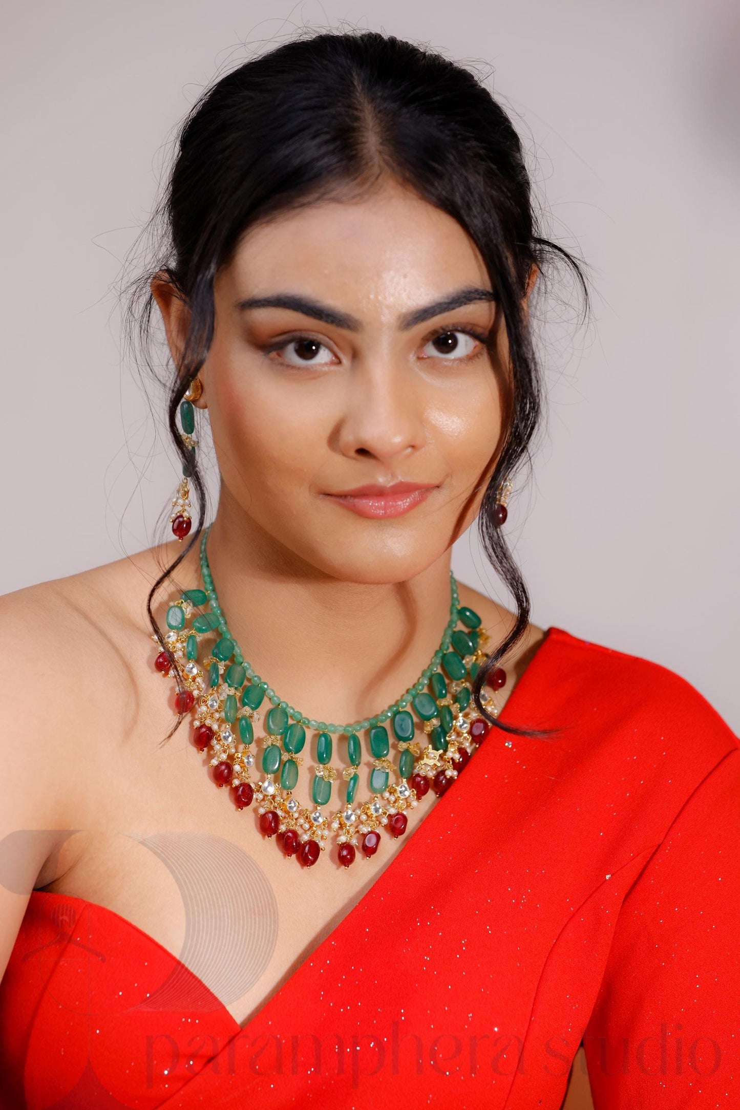 Green Quartz & Red Kundan Choker Necklace Set | Statement Gemstone Jewellery | Bridal Choker with Earrings