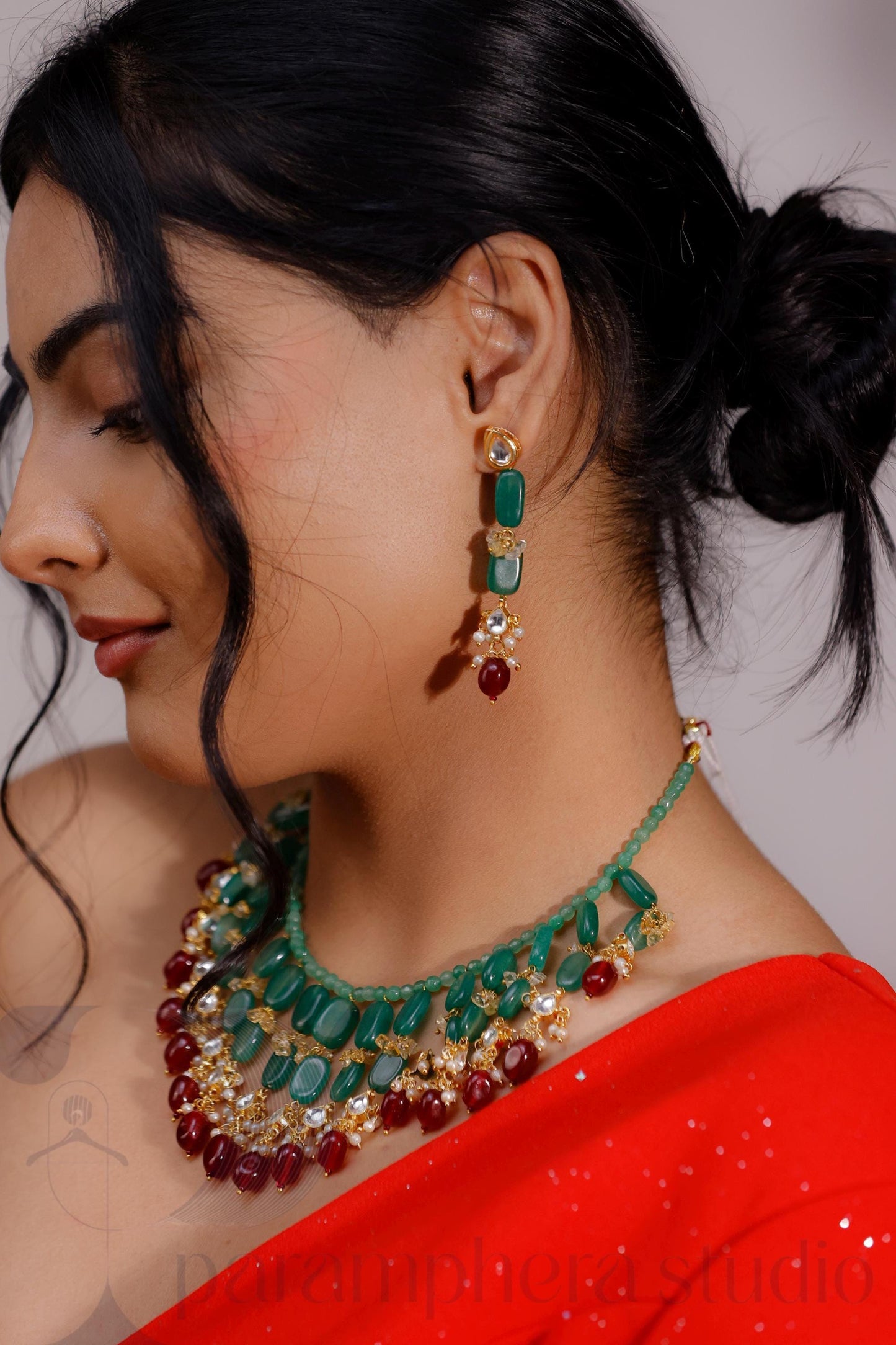 Green Quartz & Red Kundan Choker Necklace Set | Statement Gemstone Jewellery | Bridal Choker with Earrings
