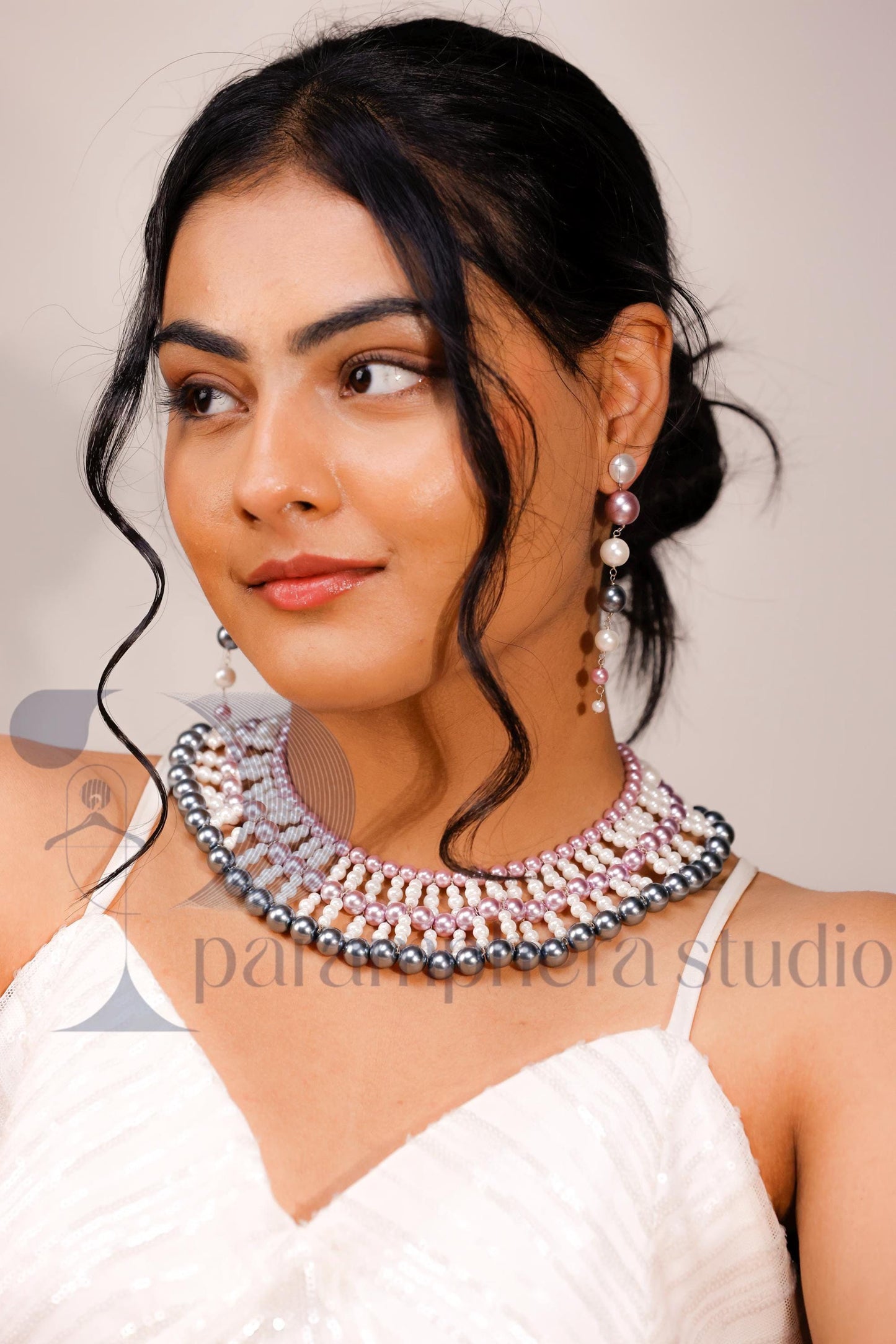 Handmade Multicolor Pearl Bib Choker and Earrings | Bridal Boho Jewelry