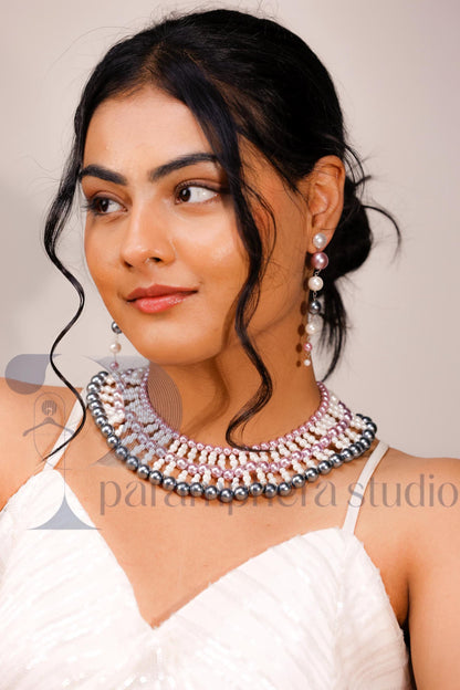 Handmade Multicolor Pearl Bib Choker and Earrings | Bridal Boho Jewelry