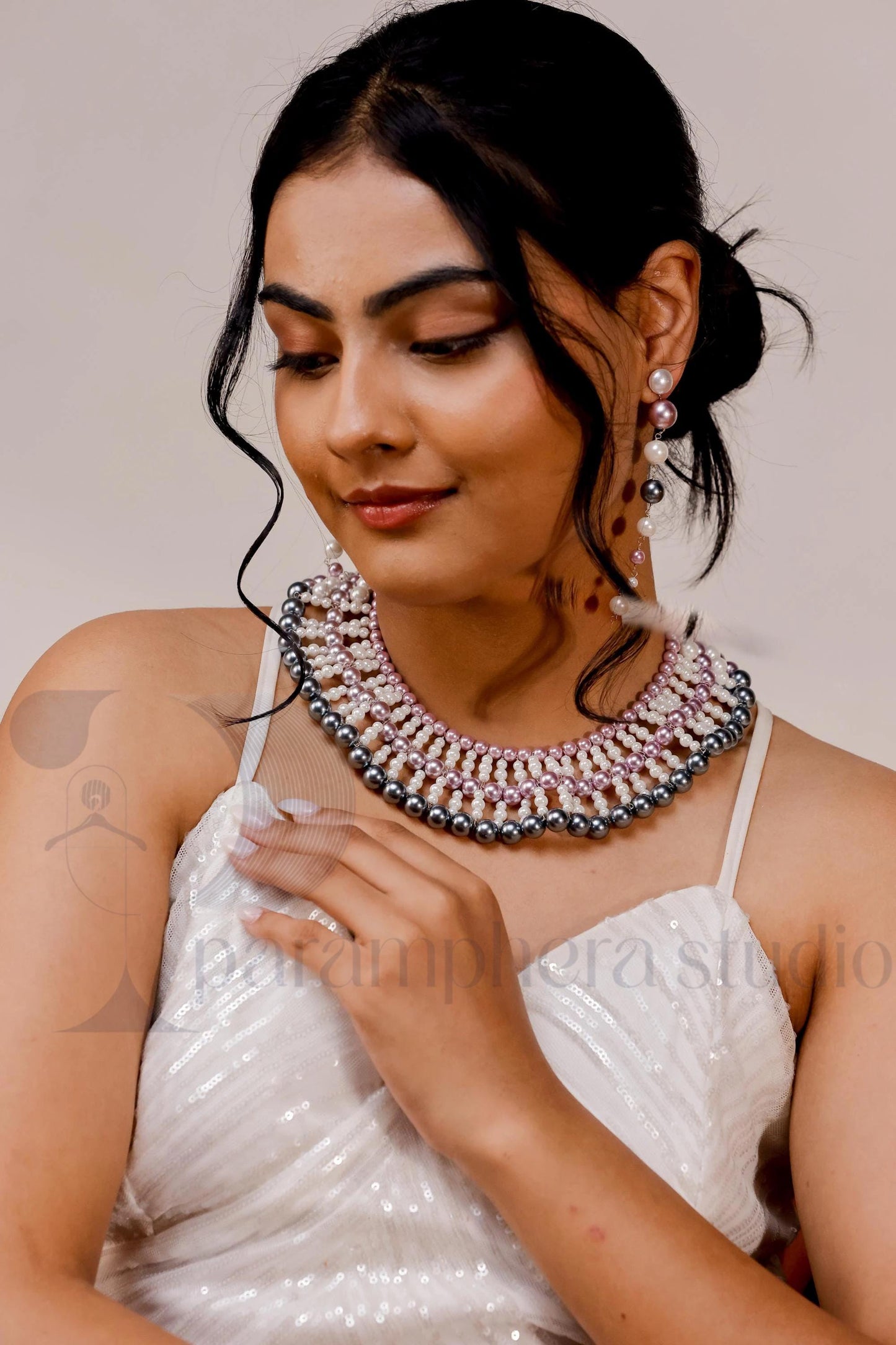 Handmade Multicolor Pearl Bib Choker and Earrings | Bridal Boho Jewelry