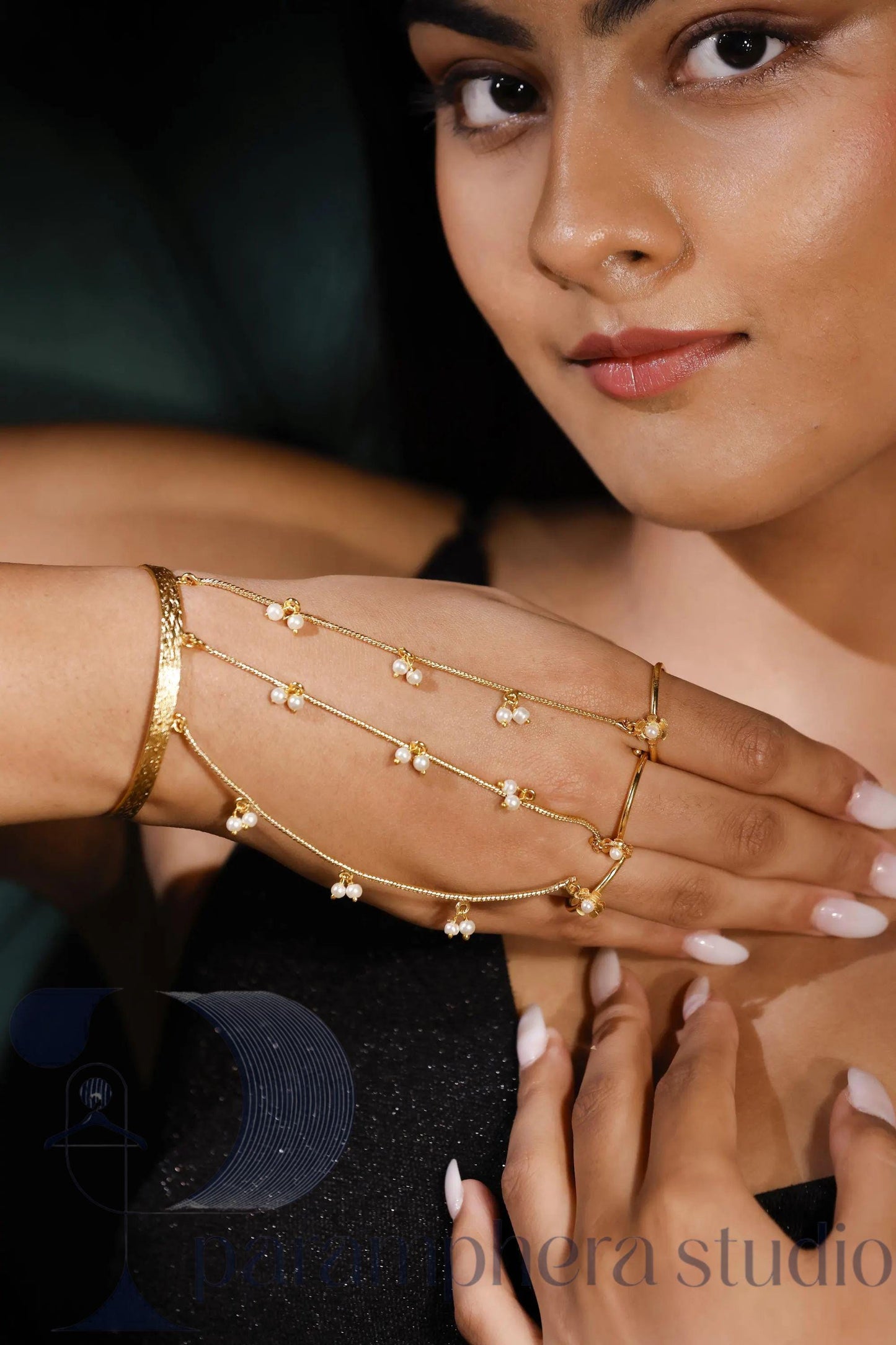 Gold Pearl Hand Chain Bracelet | Bridal Ring Harness Jewelry