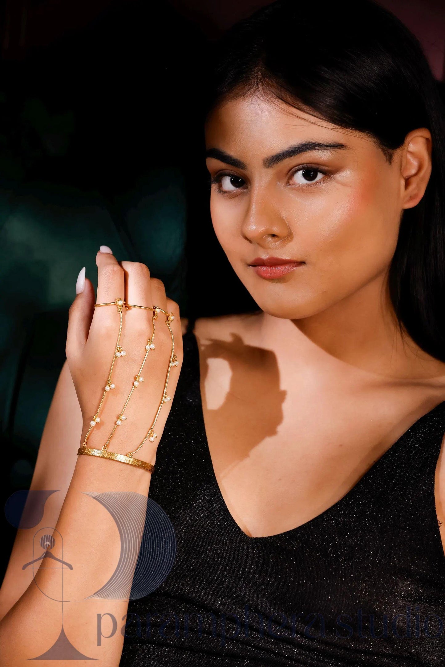 Gold Pearl Hand Chain Bracelet | Bridal Ring Harness Jewelry