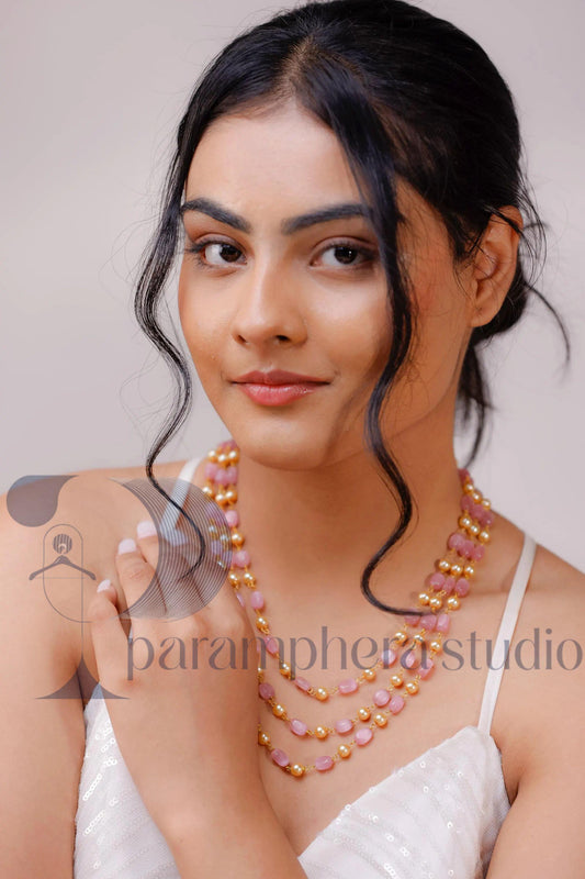 Pink & Gold Pearl Necklace | Triple Strand Beaded Bridal Jewelry