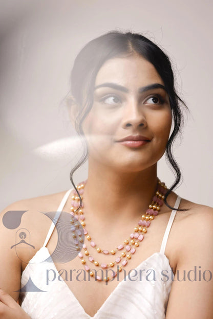 Pink & Gold Pearl Necklace | Triple Strand Beaded Bridal Jewelry
