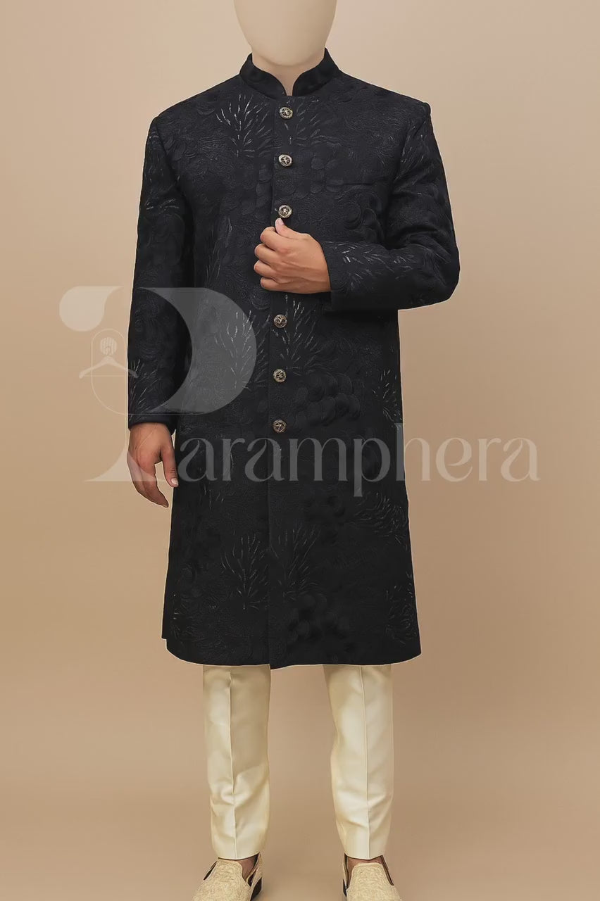 Mens Dark Blue Jacquard Sherwani: Indo Western Wedding Outfit