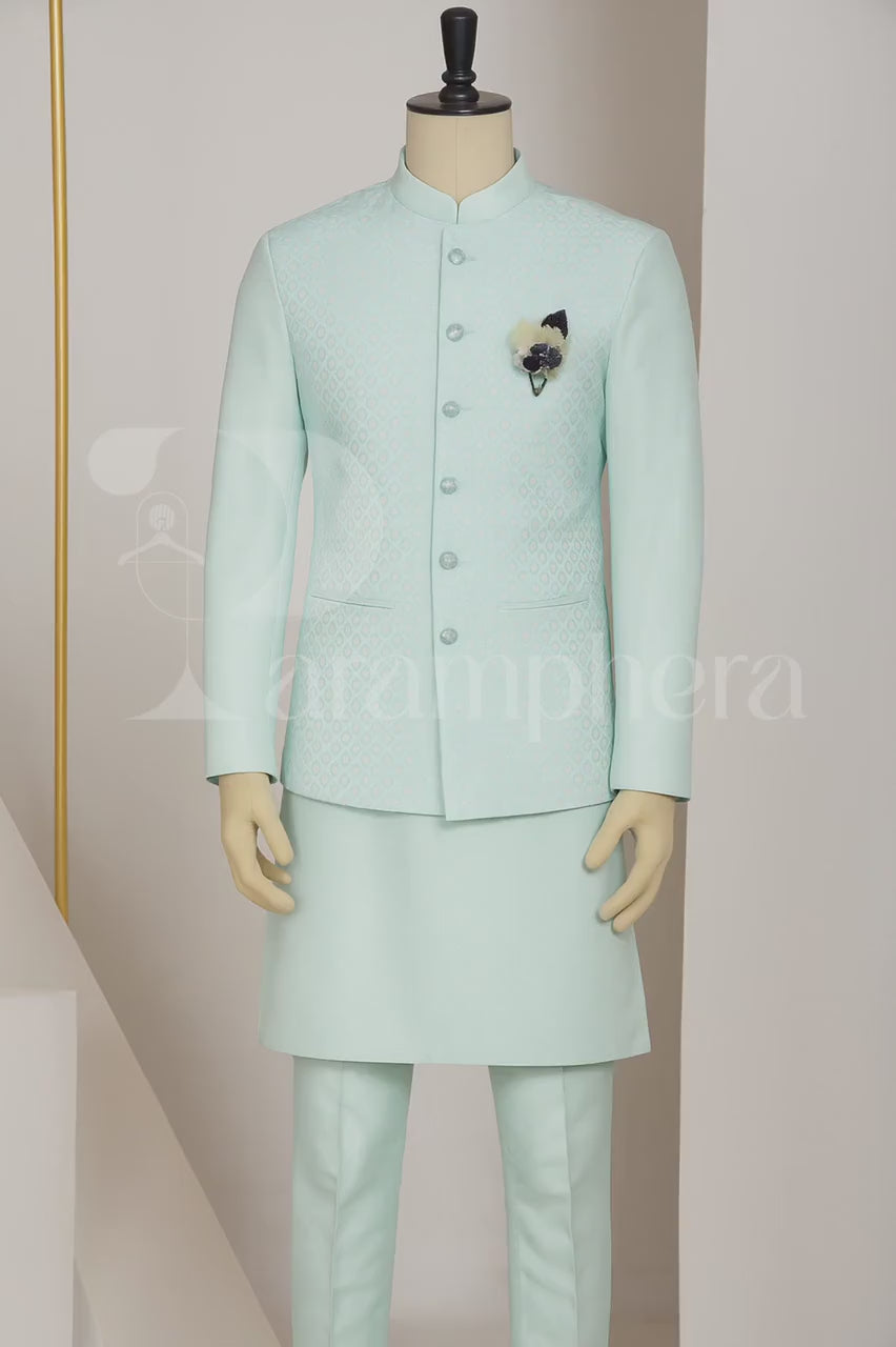 Sky Blue Kurta Pajama Set with Embroidered Nehru Jacket: Indian Wedding Outfit