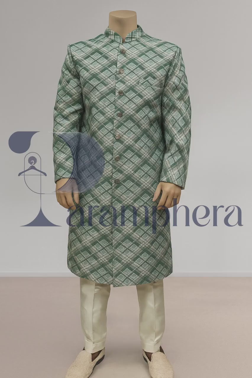 Green Check Sherwani Set: Designer Indo Western Wedding Outfit