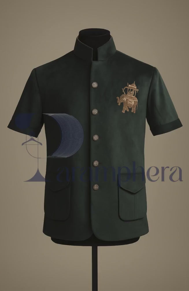Luxury Green Velvet Nehru Jacket: Handcrafted Zardozi Elephant Embroidery