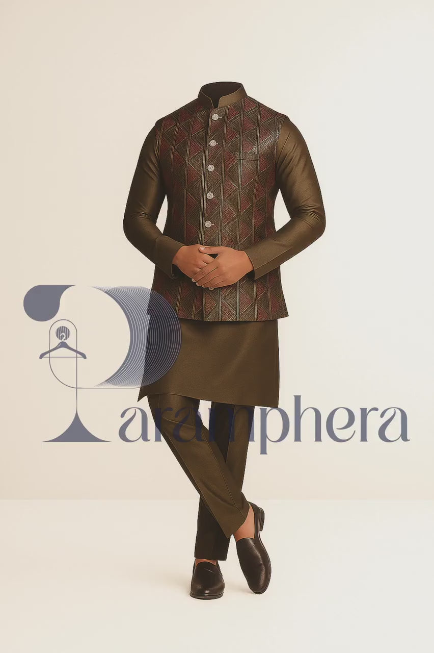 Olive Brown Kurta Pajama Set with Embroidered Nehru Jacket | Indo-Western Groom & Wedding Outfit