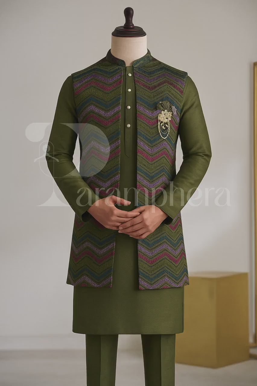 Embroidered Art Silk Nehru Jacket Kurta Pajama Set: Indian Wedding Outfit