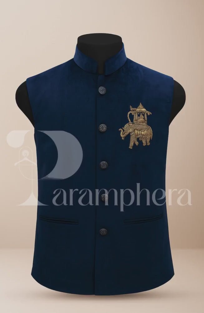 Royal Blue Velvet Nehru Jacket: Elephant Embroidery, Wedding Modi Vest