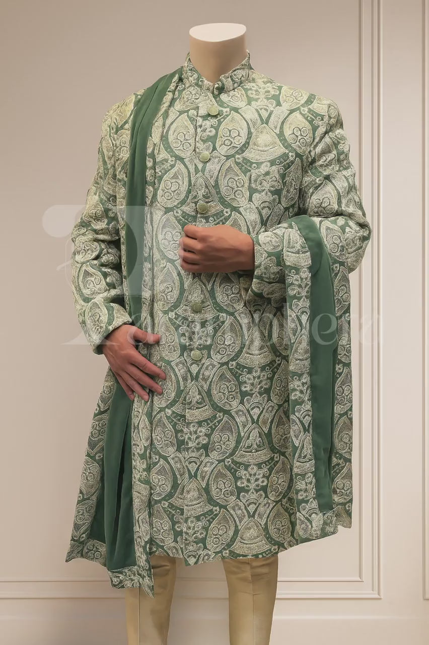 Embroidered Green Silk Blend Sherwani Set: Indian Groom Wedding Outfit