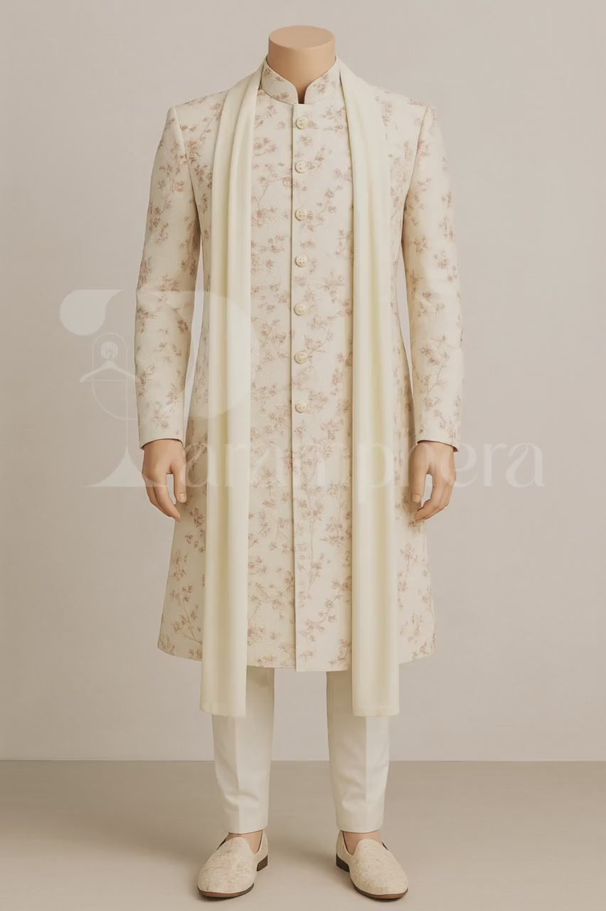 Embroidered Cream Sherwani with Dupatta: Indian Wedding Groom Outfit