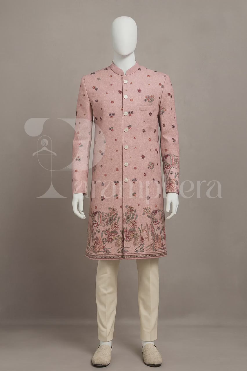 Pastel Pink Floral Velvet Sherwani Set: Embroidered Indian Wedding Outfit