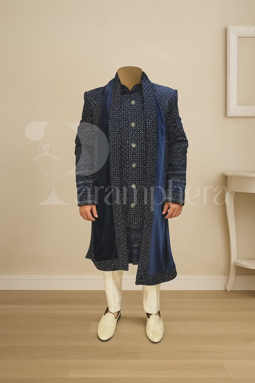 Navy Blue Velvet Embroidered Sherwani: Groom Wedding Outfit
