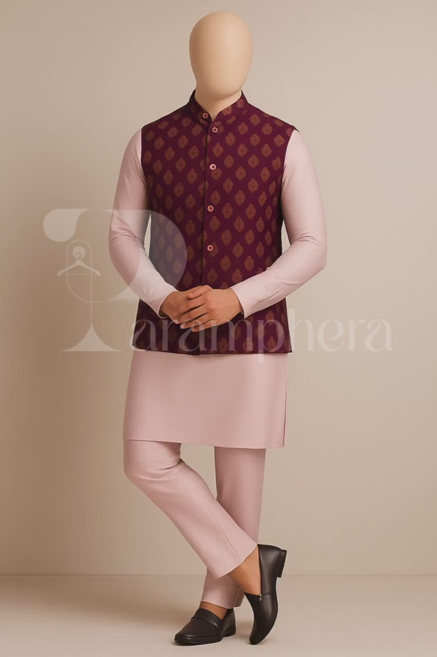 Mens Kurta Pajama Set: Maroon Nehru Jacket, Indian Wedding Outfit
