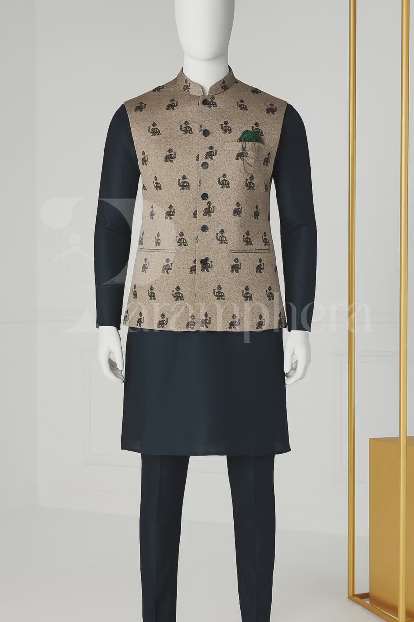 Embroidered Nehru Jacket Kurta Pajama Set: Groom Wedding Outfit