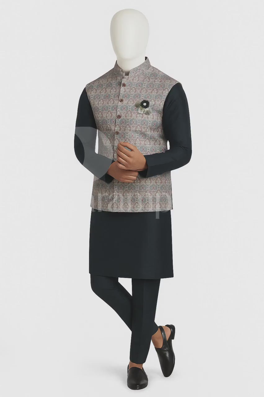 Purple Silk Blend Kurta Pajama Set with Nehru Jacket - Indian Wedding Outfit