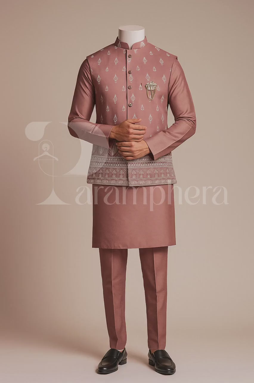 Dusty Rose Kurta Pajama with Embroidered Nehru Jacket: Indo Western Groom Outfit